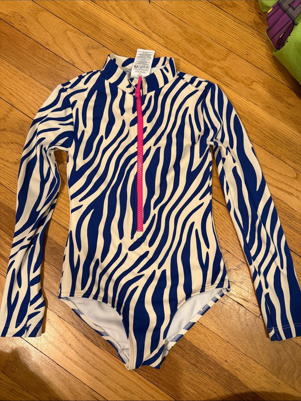 Mini Boden Blue and White Zebra Long-Sleeve One-Piece Swimsuit with Pink Zip